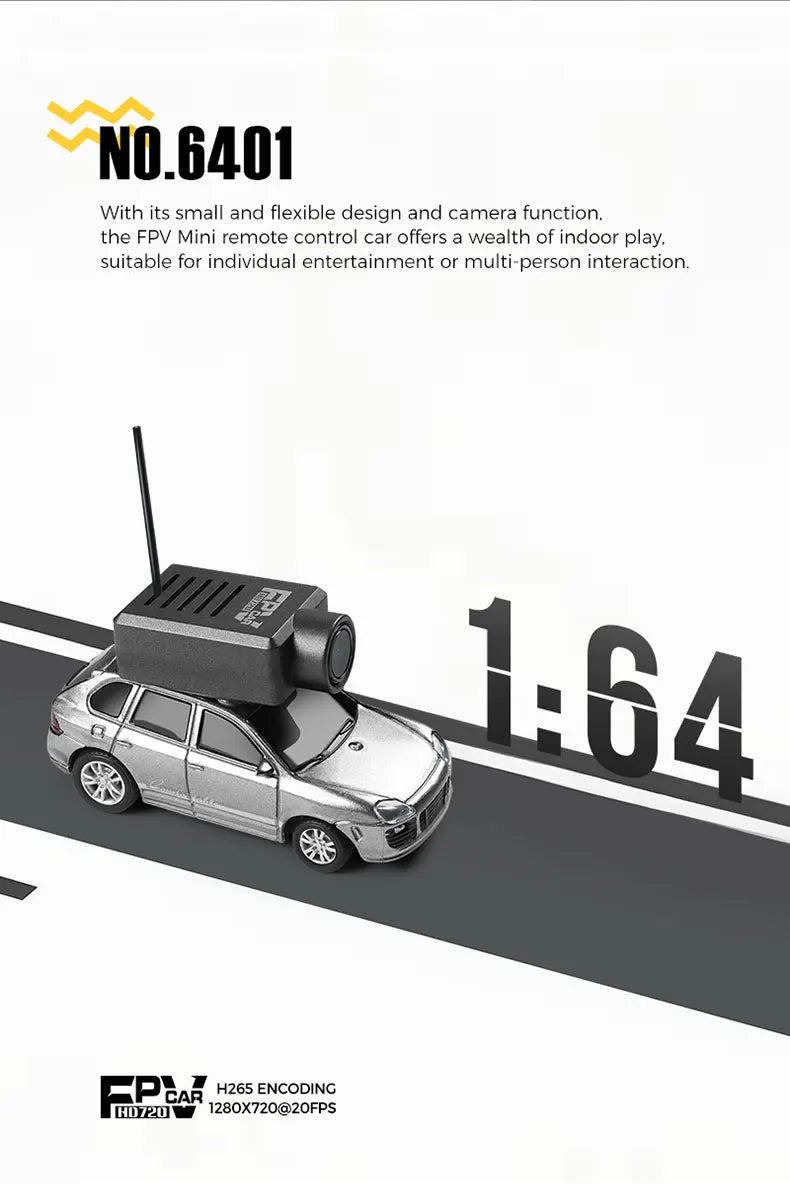 Een 1/64 schaalmodel auto met een zwarte camera en antenne op het dak, getoond in zilver, roze en geel, geschikt voor speelgoed- en verzamelaarsdoelei