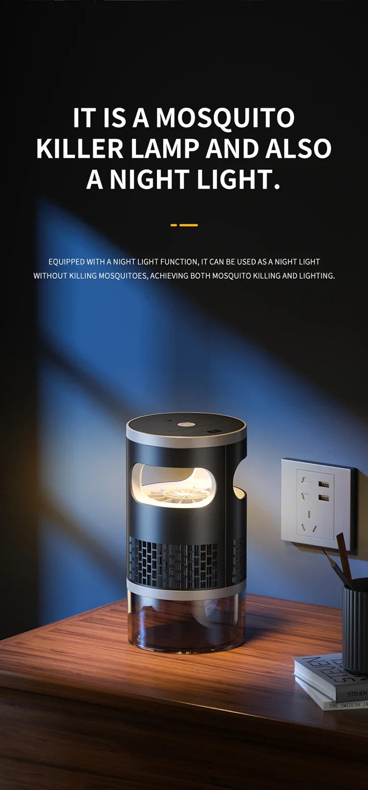 Lenovo Mosquito Killer met blauw paarse licht, zichtbaar in een glazen behuizing op een houten tafel, geschikt voor slaap- en woonruimtes om muggen te
