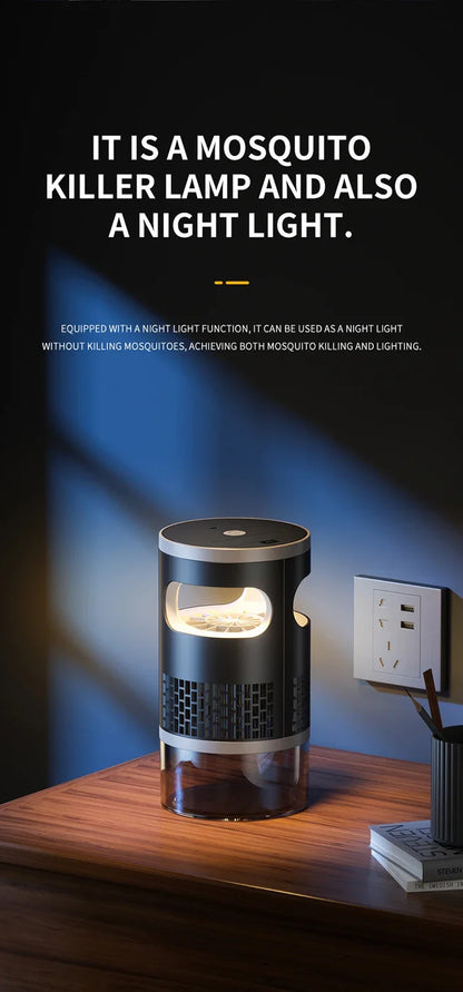 Lenovo Mosquito Killer met blauw paarse licht, zichtbaar in een glazen behuizing op een houten tafel, geschikt voor slaap- en woonruimtes om muggen te