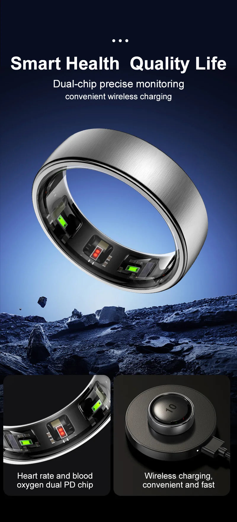 Een zilverkleurige slimme ring met glanzende, getextureerde band en zichtbare LED-indicatoren, naast een goudkleurige versie op een draadloze oplaadstation met blauwe lichtcirkels. Perfect voor slimme accessoires en dagelijks gebruik. - Foto 10