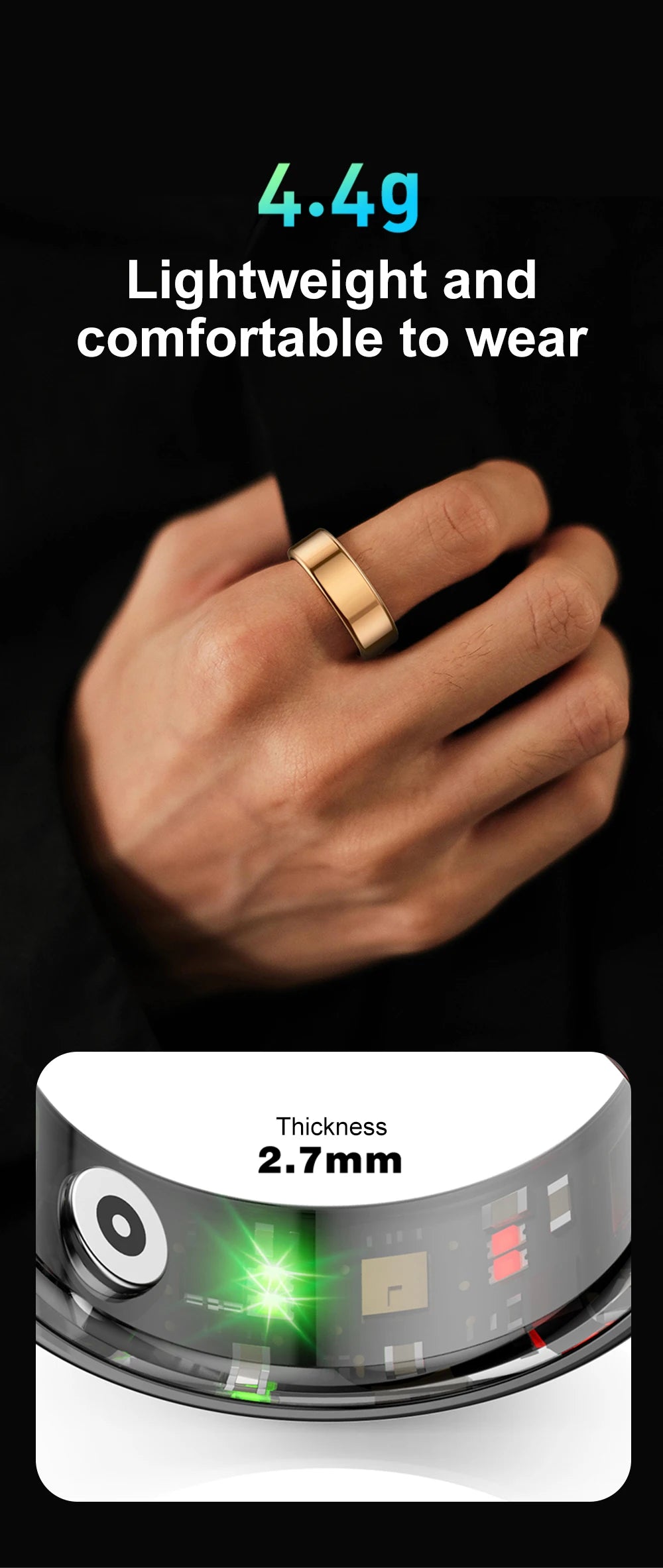 Zwart slimme ring met glanzend oppervlak en zichtbare groene LED-technologie. Geavanceerd smartwatch-accessoire voor gezondheidsmonitoren en dagelijkse tracking. - Foto 15