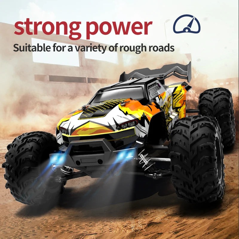 Zwart-pink RC monstertruck met grote terreinbanden en blauwe LED-verlichting, in actie op modderige terrein. Geschikt voor extreme off-road races en s