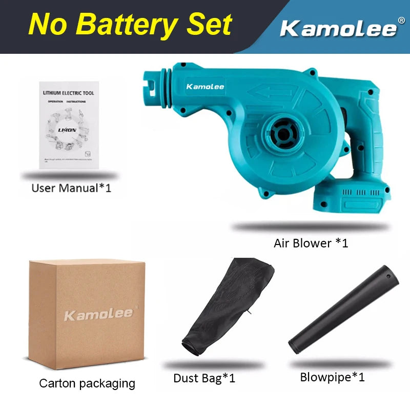 Kamolee draadloze blower in blauw met zwart stootpijp, voorzien van 18V lithium-ion accu’s. Geschikt voor tuin- en bouwtoepassingen, inclusief extra b