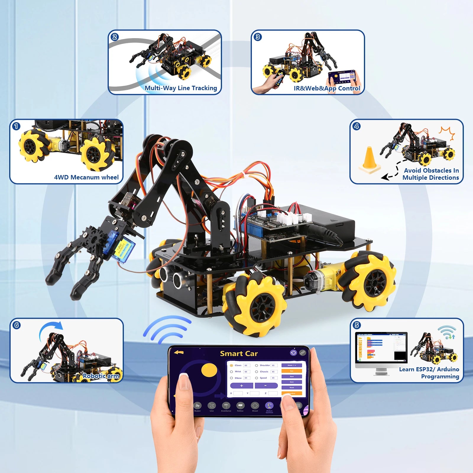 Een zwarte robotauto met gele Mecanumwielen en een robuust mechanisch armstelsel, bedienbaar via smartphone of computer voor educatieve programmering 