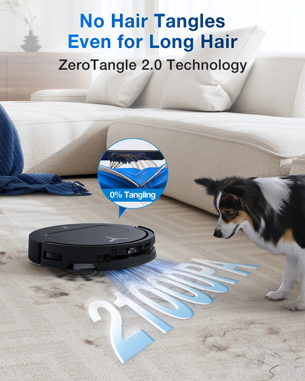 De Ecovacs robotstofzuiger met zwart glanzend ontwerp en blauwe mop, klaar voor automatische vloerreiniging. Geïntegreerd systeem voor efficiënte stof