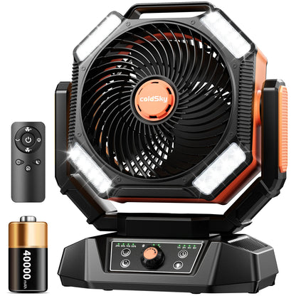 Zwarte en oranje outdoor camping fan met 4 LED-verlichting, draaibaar hoofd en afstandsbediening, geschikt voor gebruik op kampeerplaatsen of bij avon