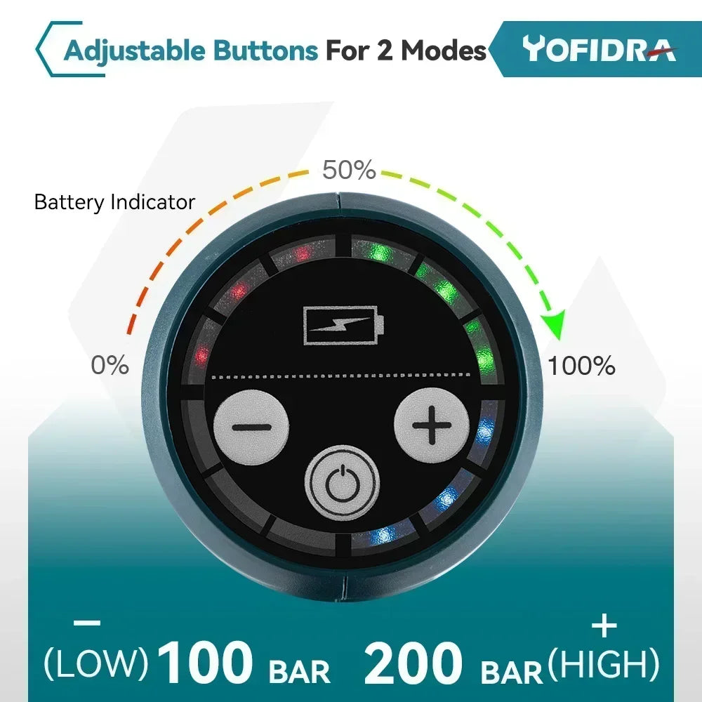 YOFIDRA 200 bar waterkanon met 22L vouwbare tank, 3000W motor, zwart en blauw, inclusief 21V batterijen, flexibele slang en 6-in-1 spuitkop voor profe
