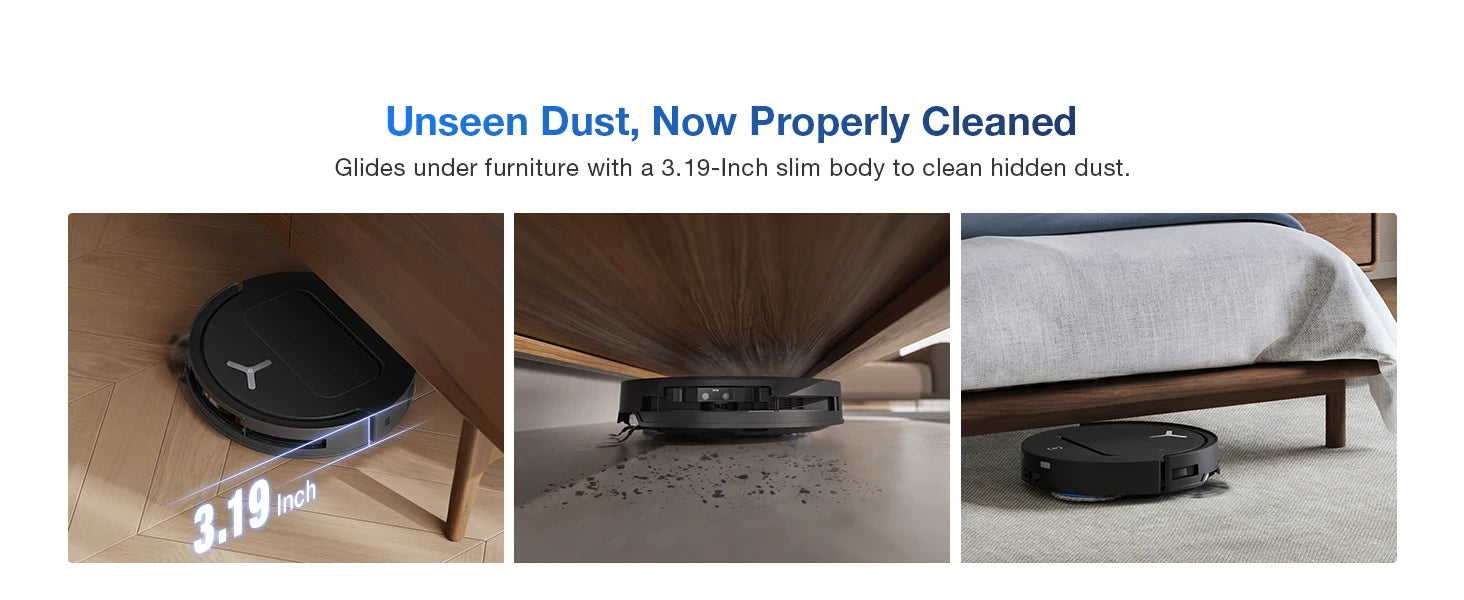 De Ecovacs robotstofzuiger met zwart glanzend ontwerp en blauwe mop, klaar voor automatische vloerreiniging. Geïntegreerd systeem voor efficiënte huis