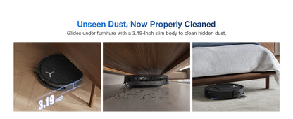 De Ecovacs robotstofzuiger met zwart glanzend ontwerp en blauwe mop, klaar voor automatische vloerreiniging. Geïntegreerd systeem voor efficiënte huis