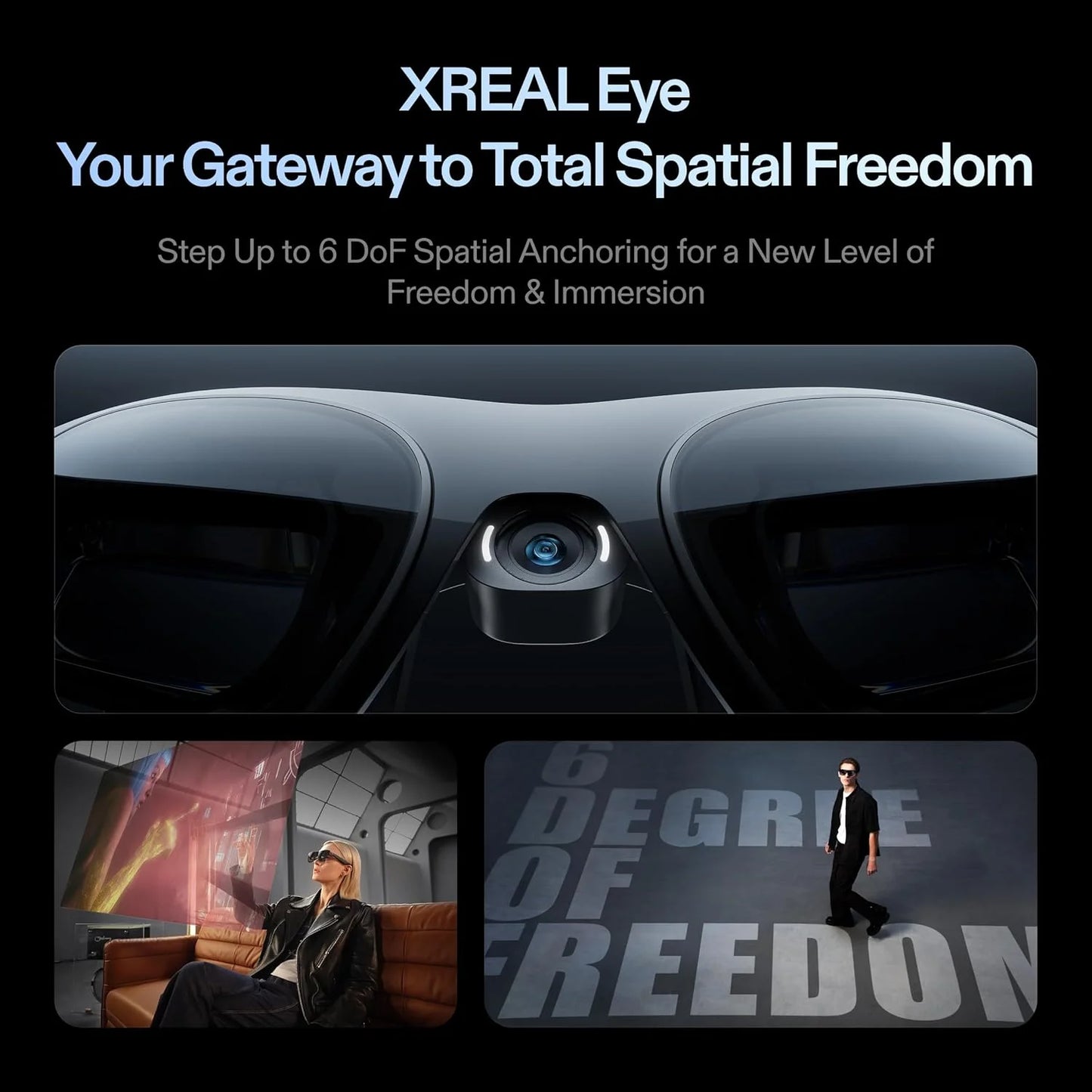 Zwart XREAL One Pro AR-bril met glanzende lenzen en zichtbare merknaam, uitgerust voor virtuele werelden en mobiele interactie. Geschikt voor gaming, 