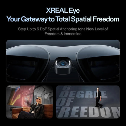 Zwart XREAL One Pro AR-bril met glanzende lenzen en zichtbare merknaam, uitgerust voor virtuele werelden en mobiele interactie. Geschikt voor gaming, 