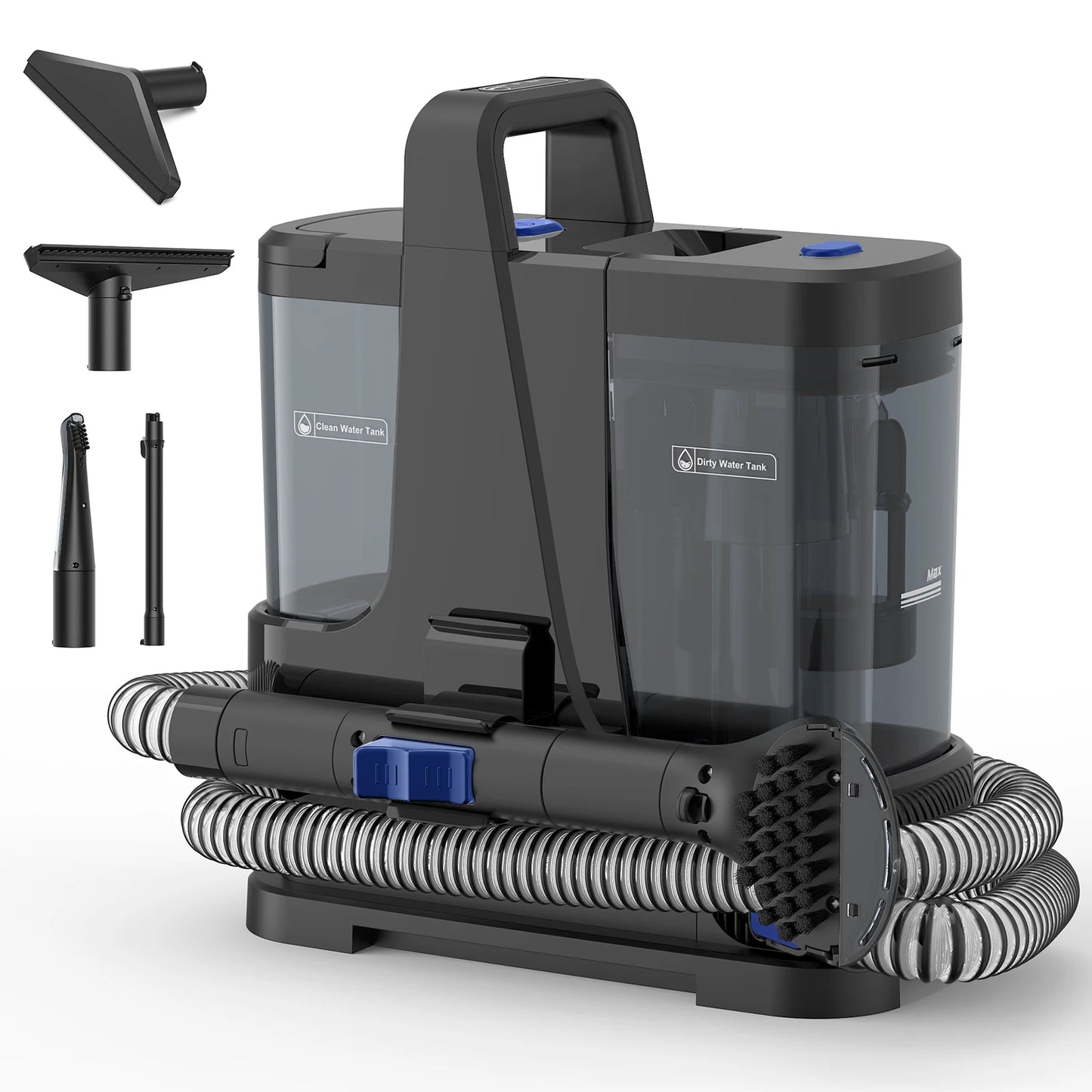 De Lubbluelu V8 stofzuiger met witte behuizing en zwarte flexibele slang, voorzien van een transparante vuil- en schoonmaaktank, geschikt voor efficië