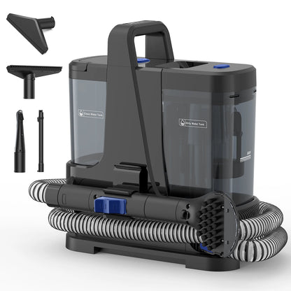 De Lubbluelu V8 stofzuiger met witte behuizing en zwarte flexibele slang, voorzien van een transparante vuil- en schoonmaaktank, geschikt voor efficië