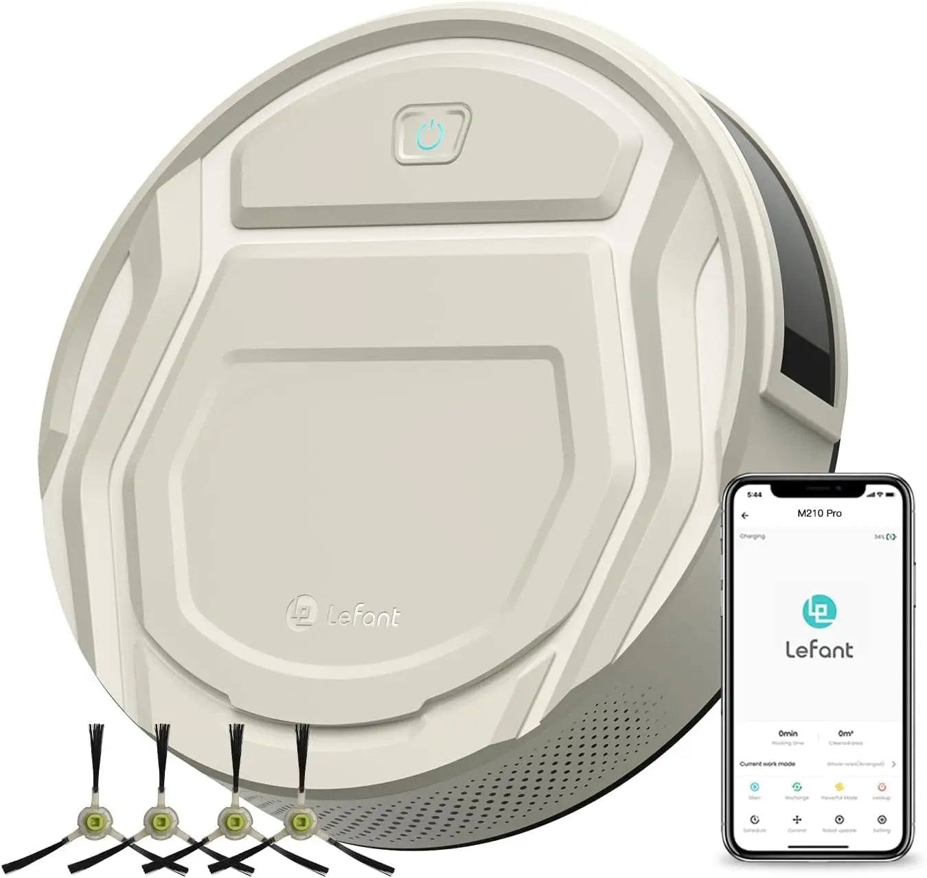 De Lefant M210 Pro+ robotstofzuiger in zwart, met zichtbare bedieningsknop en app-afbeelding, is geschikt voor slimme huishoudelijke reiniging via sma