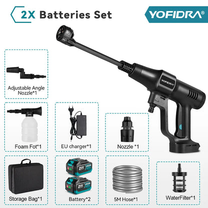 Zwart YOFIDRA 21V stroomloze waterstraler met 22L vouwbare emmer, blauwe accenten en 21V accu’s, geschikt voor intensieve reiniging van auto’s en huis