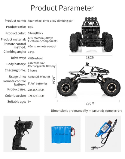 ZWN Rock climber, een zwarte 4WD RC-afstandsbediening met goudkleurige velgen en zichtbare schokdempers, geschikt voor off-road avonturen en steile he