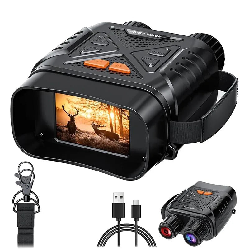 Zwarte nachtzicht binoculair met 3W, 850NM, toont herten in bos bij zonsondergang. Inclusief USB-kabel, riem en extra oculaire lens voor jacht of nach