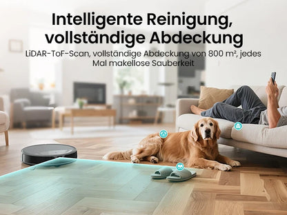 De Lefant M350 Max robotstofzuiger in grijze kleur met glanzende bovenkant en zichtbare lader. Inclusief accessoires voor huishoudelijke reiniging en 