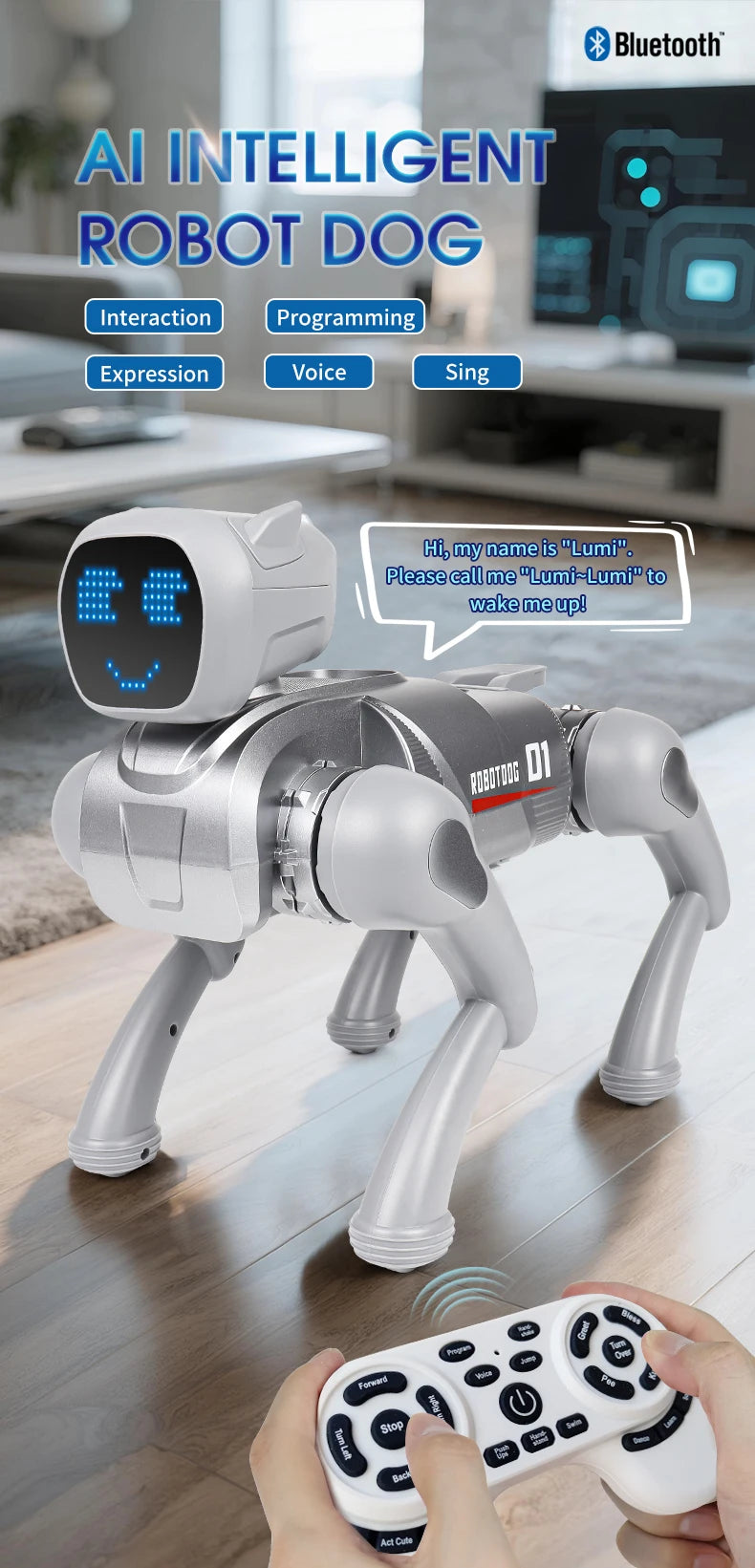 ZWN X1 AI Smart Robot Dog, zilverkleurig met blauwe LED-gezicht, speelt muziek en danst. Geschikt voor kinderen, met Bluetooth en app-controle voor in