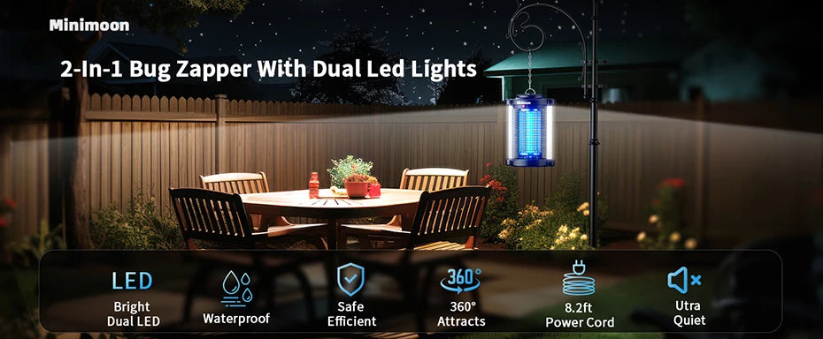 Minimoon buiteninsectenkiller met blauwe LED-verlichting en zichtbare elektrische bliksemschichten, geschikt voor tuin en terras. Zwart plastic lichaa