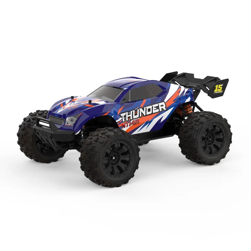 Blauwe JIUSI MT14R 1/14 RC-raceauto met zwarte banden en "STORM" en "THUNDER" opschrift, geschikt voor speelgoedraces en buitenactiviteiten. Perfect v