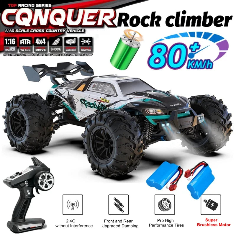 Zwart en roze RC monstertruck met grote terreinbanden en blauwe LED-verlichting, in actie op modderige terrein. Geschikt voor extreme off-road races e