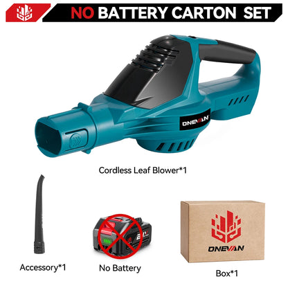 Een bladzager met blauw-zwart lichaam en zwarte slang, uitgerust met twee 588V batterijen, geschikt voor tuin- en bouwprojecten. 5500W vermogen en 5 v