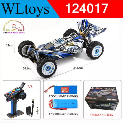WLtoys Zealot 1:12 4WD RC-raceauto met blauw-wit camouflage, zichtbare schokdempers en rubberen banden, geschikt voor speelplein of binnenhuisrace. - 