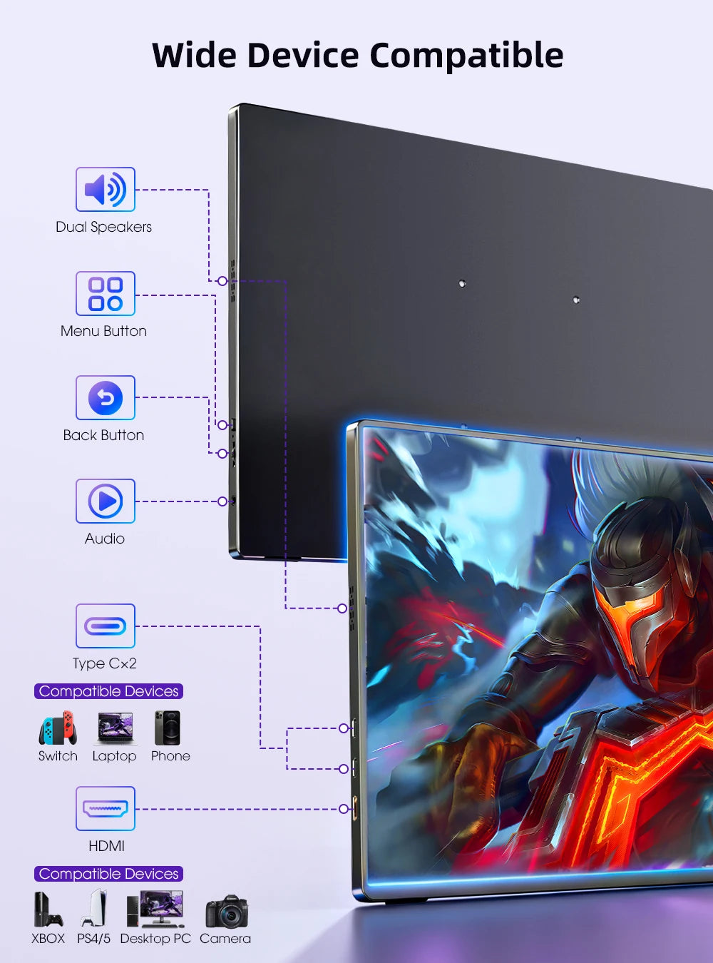 Een 16-inch QLED-scherm met 2.5K Quad HD resolutie en 120Hz, uitgerust met een 16:10 verhouding, perfect voor gaming en streamen. Zwart frame met text