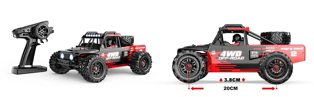 Rood-zwarte 4WD off-road RC terreinwagen met grote knipperende koplampen en zwarte rubberen banden, uitgerust met een zwarte stuurunit en 2S/25C batte