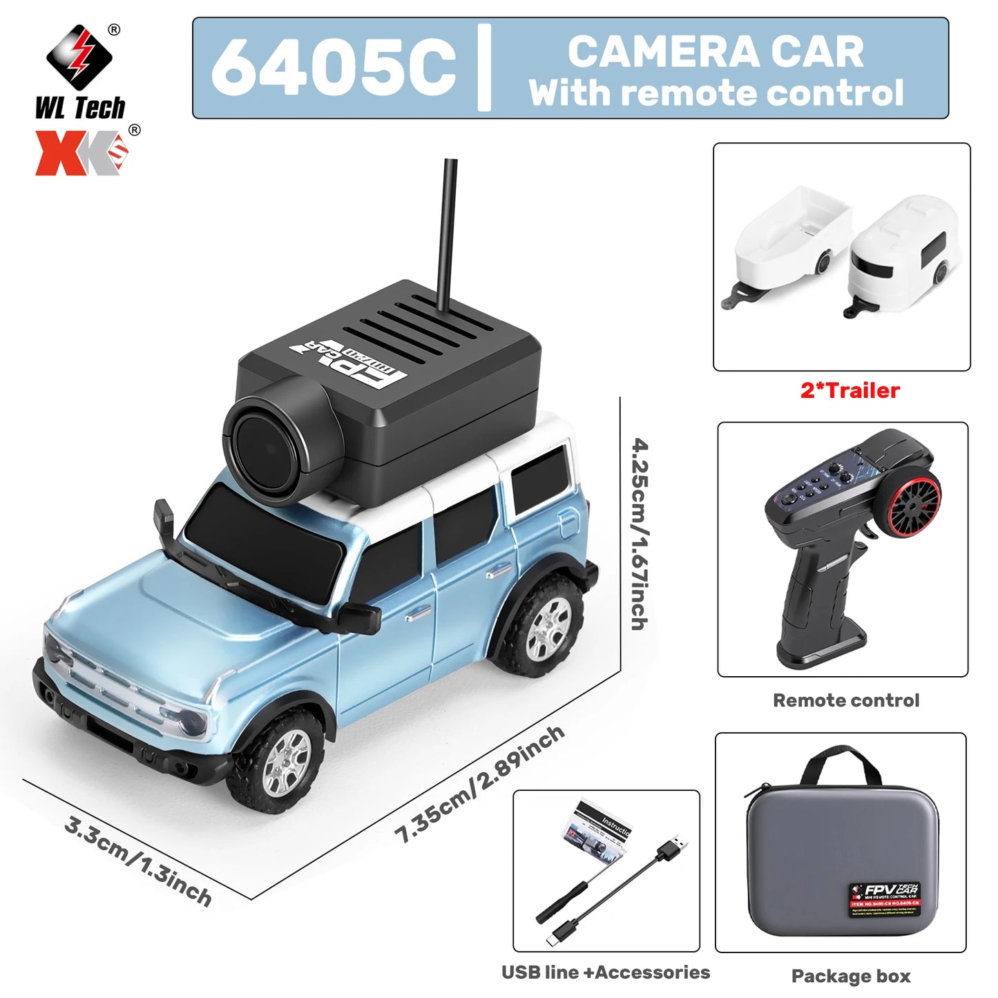 Mini camera-voertuigen in zwart, zilver, oranje en lichtblauw, elk met een zwarte camera op het dak, inclusief stuurunit en USB-kabel voor speelgoedau