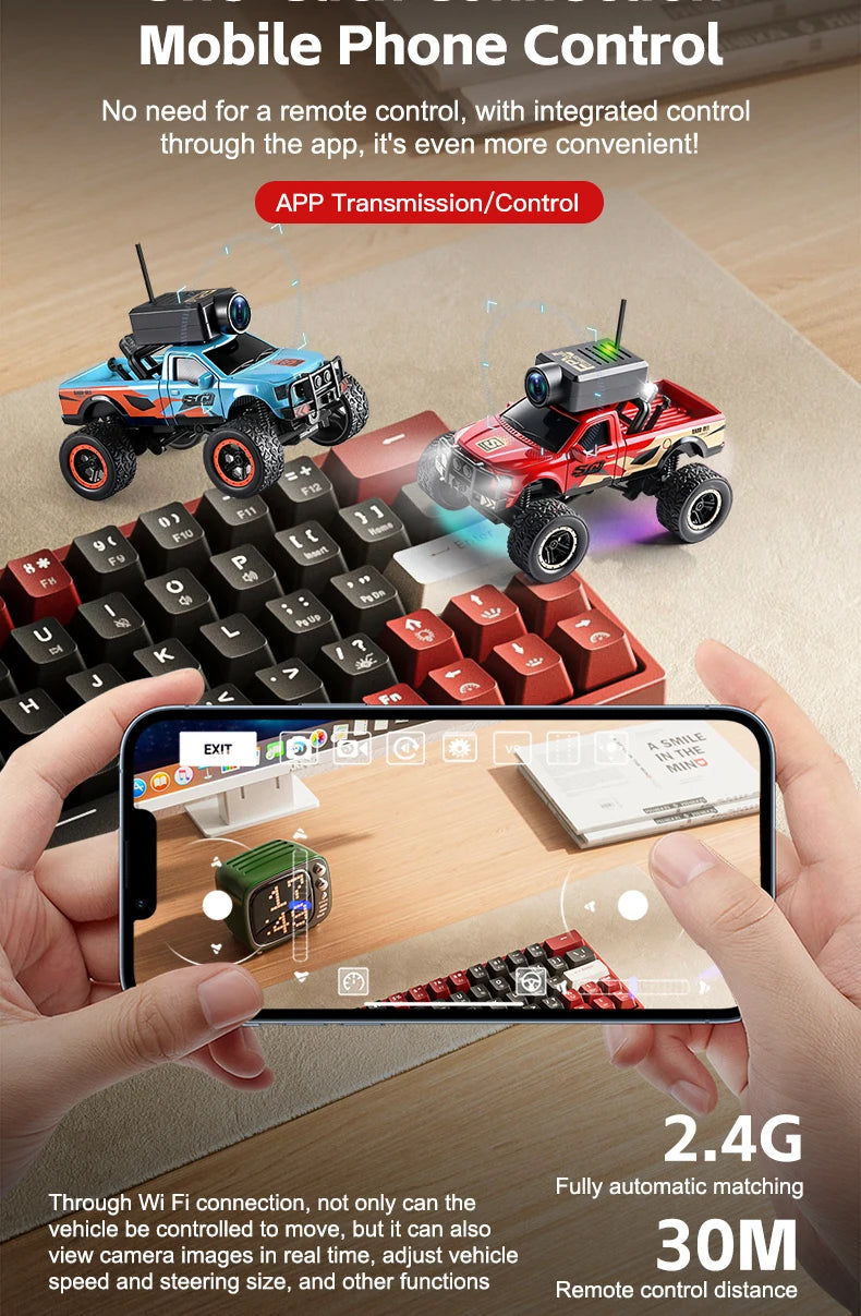 Rode 1:64 schaal RC off-road pick-up met camera en VR-bril ondersteuning, geschikt voor speelgoed- en racemodellen. Zichtbare accessoires: stuur, VR-b