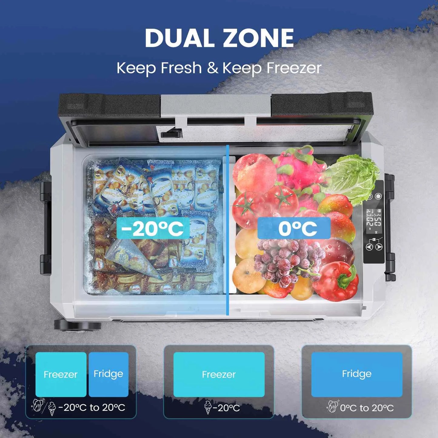 Zwart-wit koelbox met wielen, gevuld met frisse dranken en fruit, uitgerust met app-gecontroleerde temperatuur voor reizen en kampeeravonden. - Foto 1