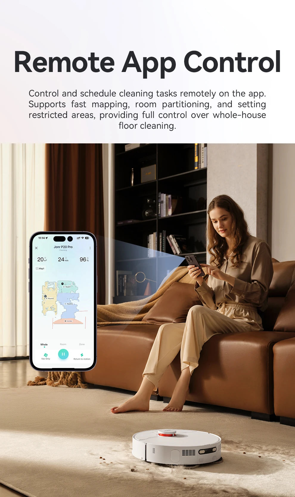 De JONR P20 Pro robotstofzuiger met witte, moderne design en transparante onderkant, naast zijn laadstation en smartphone-app voor slimme huishoudelij