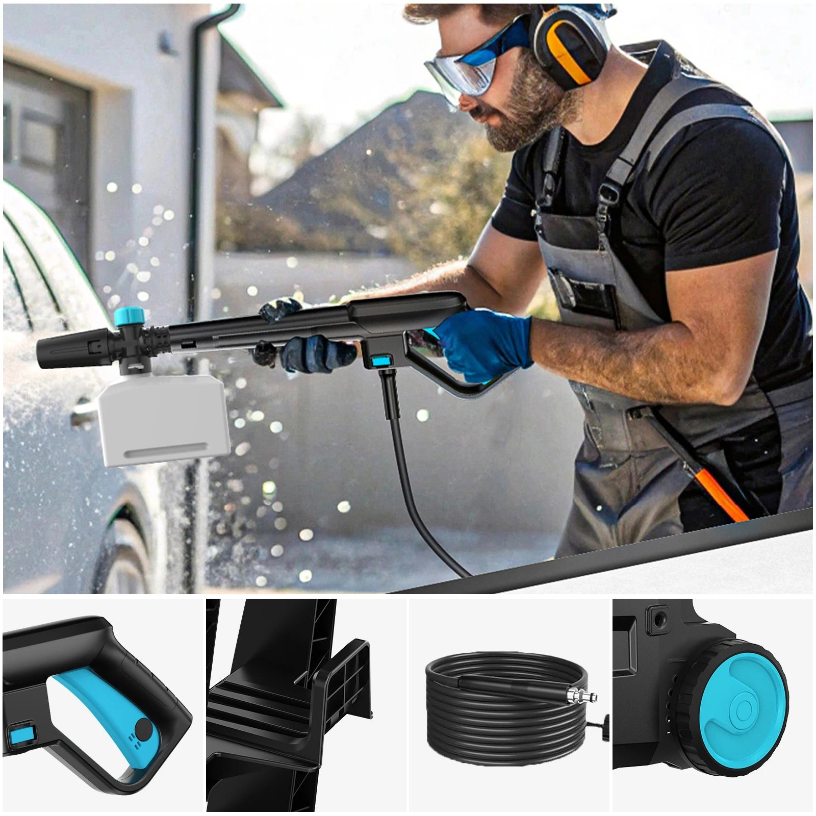 De Gisam waterkanon met 200 bar druk, zwart met blauwe accenten, inclusief slang, borstel, en accessoires voor efficiënte carwash en tuinreiniging. - 
