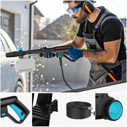 De Gisam waterkanon met 200 bar druk, zwart met blauwe accenten, inclusief slang, borstel, en accessoires voor efficiënte carwash en tuinreiniging. - 