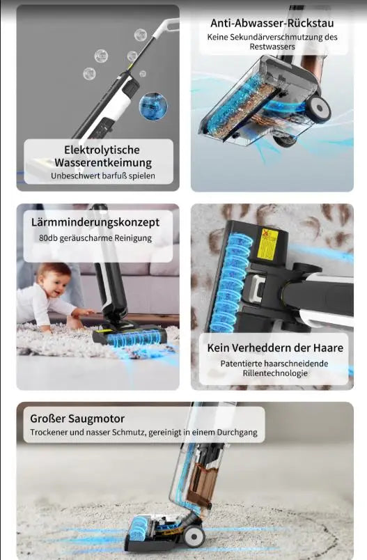 De W12 SE stofzuiger in zwart-wit, met blauwe waterdichte borstel en digitale display, is een multifunctionele, lage-gehoorzaamheid stofzuiger voor hu