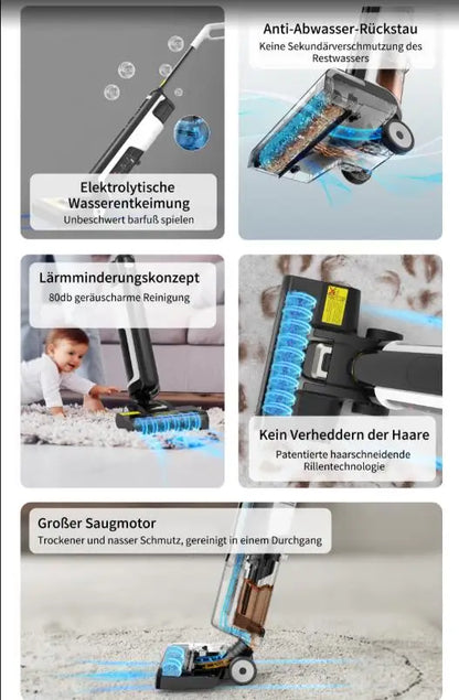 De W12 SE stofzuiger in zwart-wit, met blauwe waterdichte borstel en digitale display, is een multifunctionele, lage-gehoorzaamheid stofzuiger voor hu
