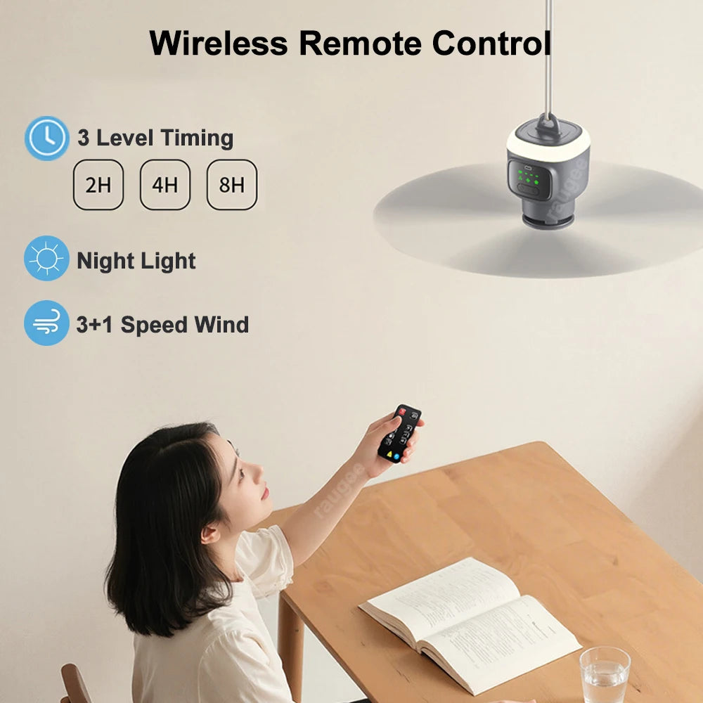 Grijze draadloze wandelventilator met LED-lamp en 12000mAh batterij, hangend onder een tent. Geschikt voor kamperen en buitenactiviteiten, bedienbaar 