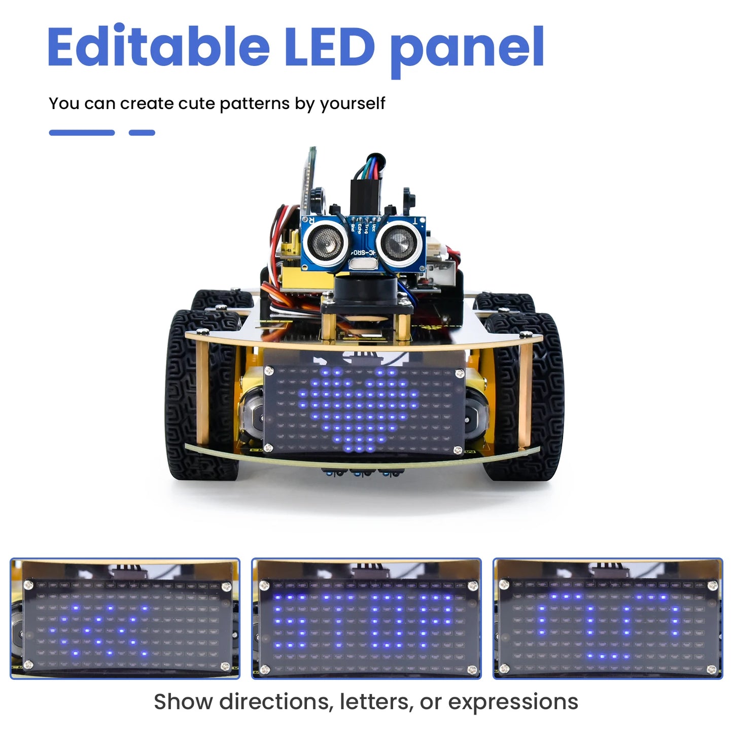 De Keyestudio robotkit met zwarte chassis en gele wielen, inclusief sensoren, microcontroller, batterijen en accessoires voor zelfbouw van een educati