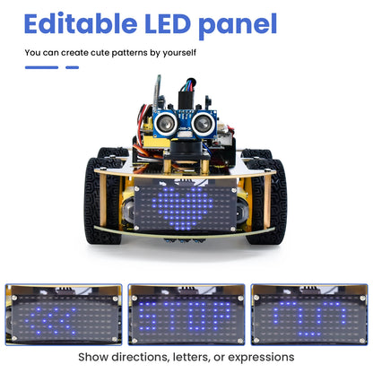 De Keyestudio robotkit met zwarte chassis en gele wielen, inclusief sensoren, microcontroller, batterijen en accessoires voor zelfbouw van een educati