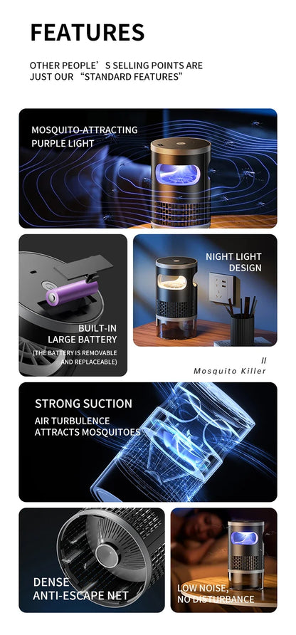 Lenovo Mosquito Killer met blauwe UV-verlichting, zilveren en glazen behuizing, bedoeld voor slaap- en woonruimtes. Effectief bij nacht, geschikt voor