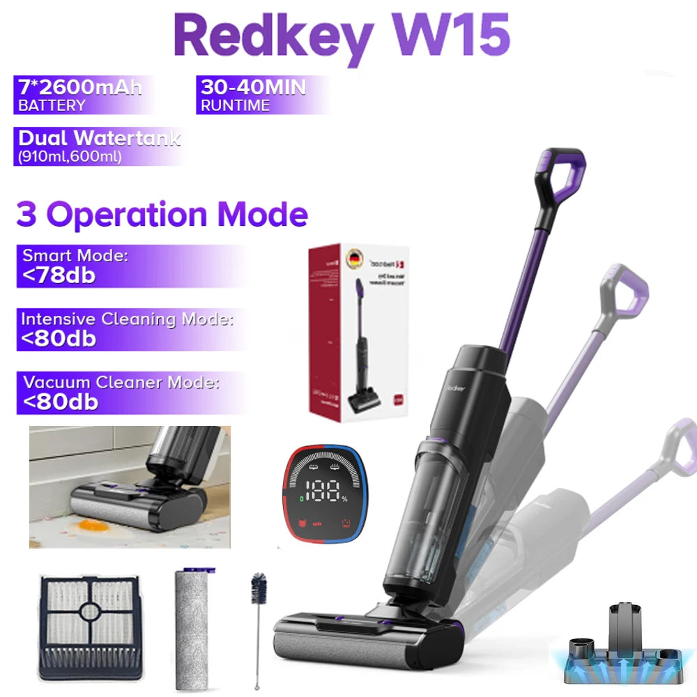 De Redkey W15 stofzuiger in zwart en paars, met duidelijk zichtbare waterreservoirs en digitale display, geschikt voor efficiënte vloer- en tapijtverz