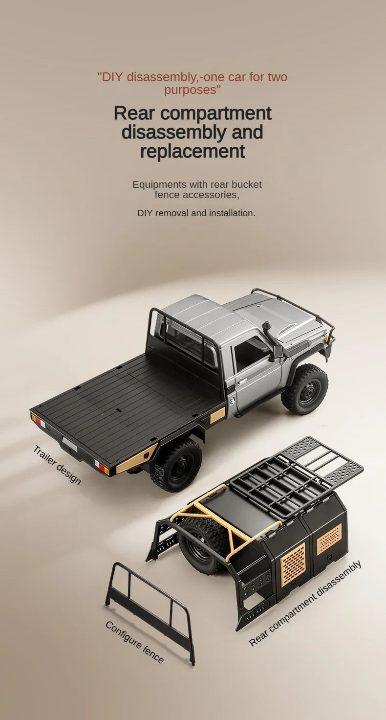 De ZWN MN82S 1:12 RC Toyota Land Cruiser in donkergroene kleur, met realistische details en rubberen banden, staat op rotsachtig terrein, geschikt voo