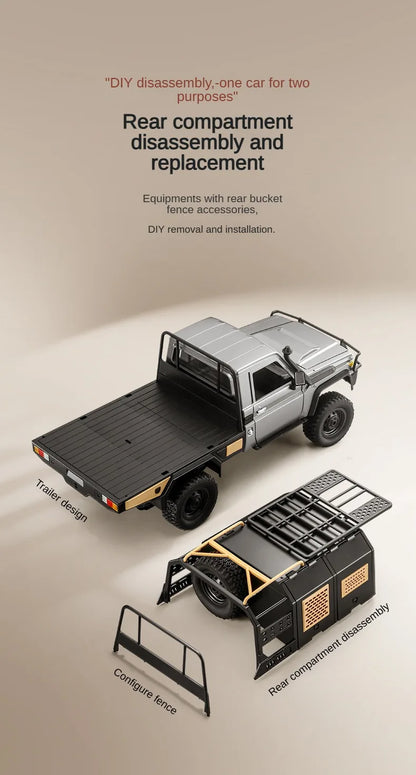 De ZWN MN82S 1:12 RC Toyota Land Cruiser in donkergroene kleur, met realistische details en rubberen banden, staat op rotsachtig terrein, geschikt voo