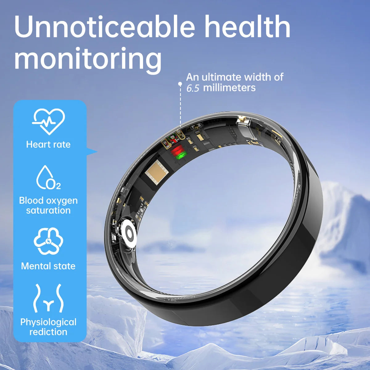 Een slimme ring in zilver, zwart en goud, met zichtbare elektronica en sensoren, geschikt voor sportieve activiteiten en als slimme accessoire voor dagelijks gebruik. - Foto 2