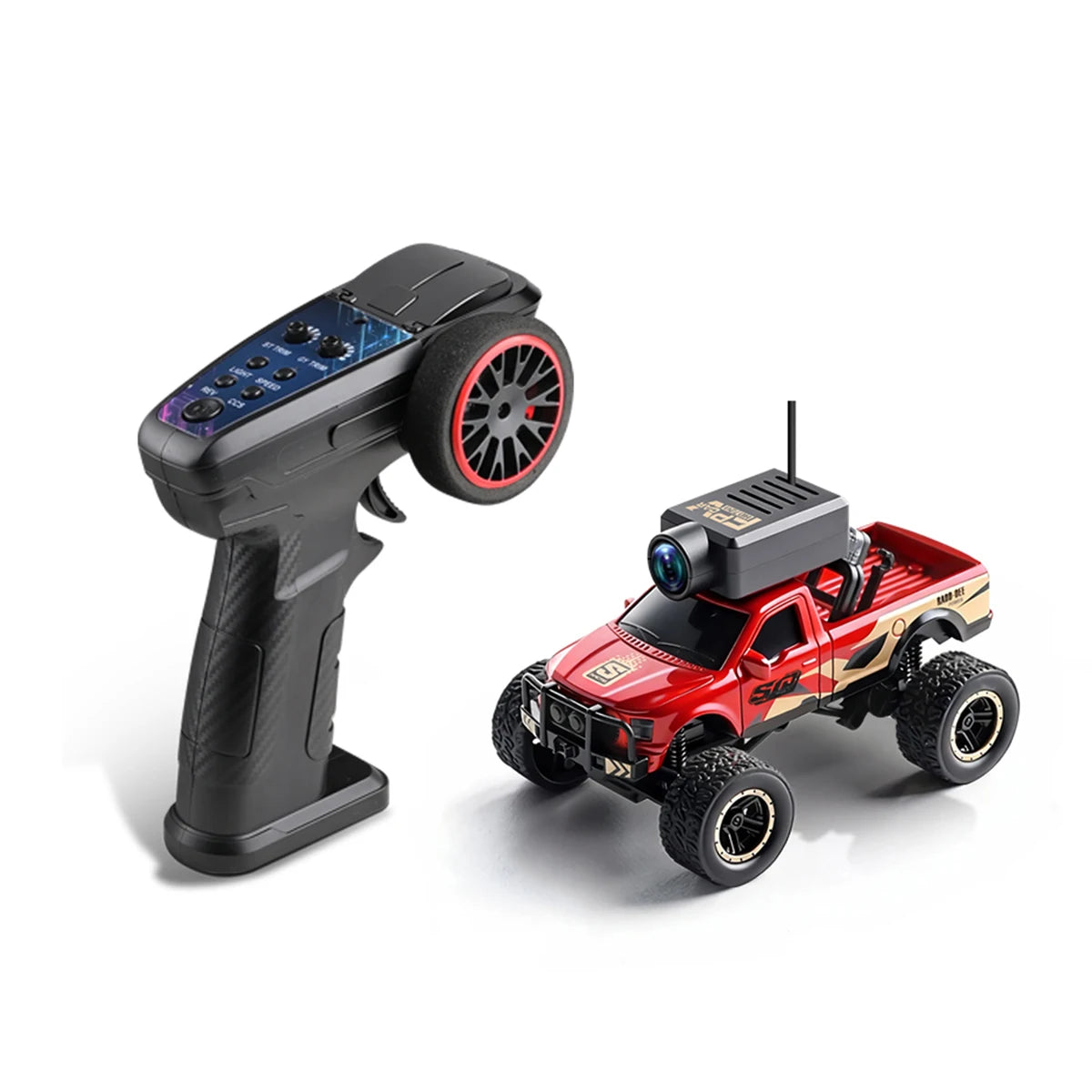 Rode 1:64 schaal RC off-road pick-up met camera en VR-bril ondersteuning, geschikt voor speelgoed- en racetoepassingen. Zichtbare zwarte banden, metaa