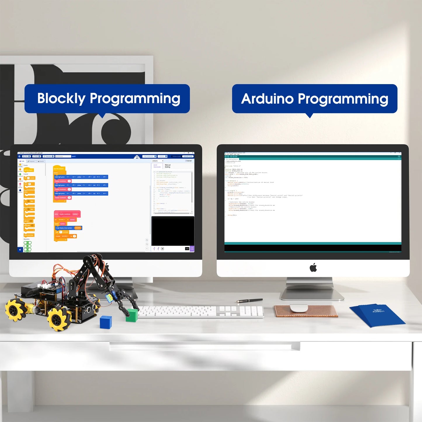 Een zwarte robotauto met gele Mecanumwielen en een robuuste arm, bedienbaar via smartphone of computer voor educatieve programmering met ESP32 en Ardu