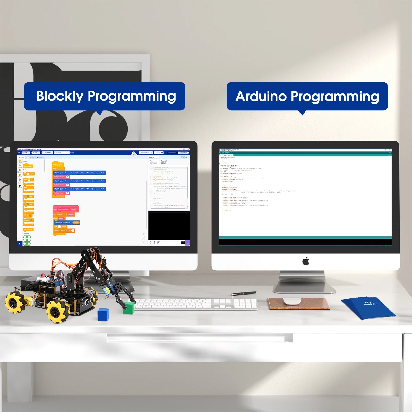 Een zwarte robotauto met gele Mecanumwielen en een robuuste arm, bedienbaar via smartphone of computer voor educatieve programmering met ESP32 en Ardu