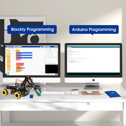Een zwarte robotauto met gele Mecanumwielen en een robuuste arm, bedienbaar via smartphone of computer voor educatieve programmering met ESP32 en Ardu